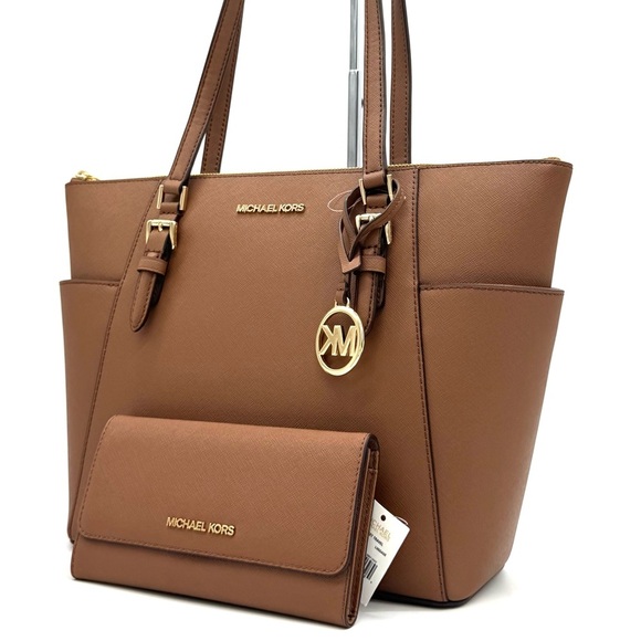 Michael Kors Large Charlotte TZ Tote Bag & Matching Trifold Wallet Luggage Brown - Picture 1 of 14